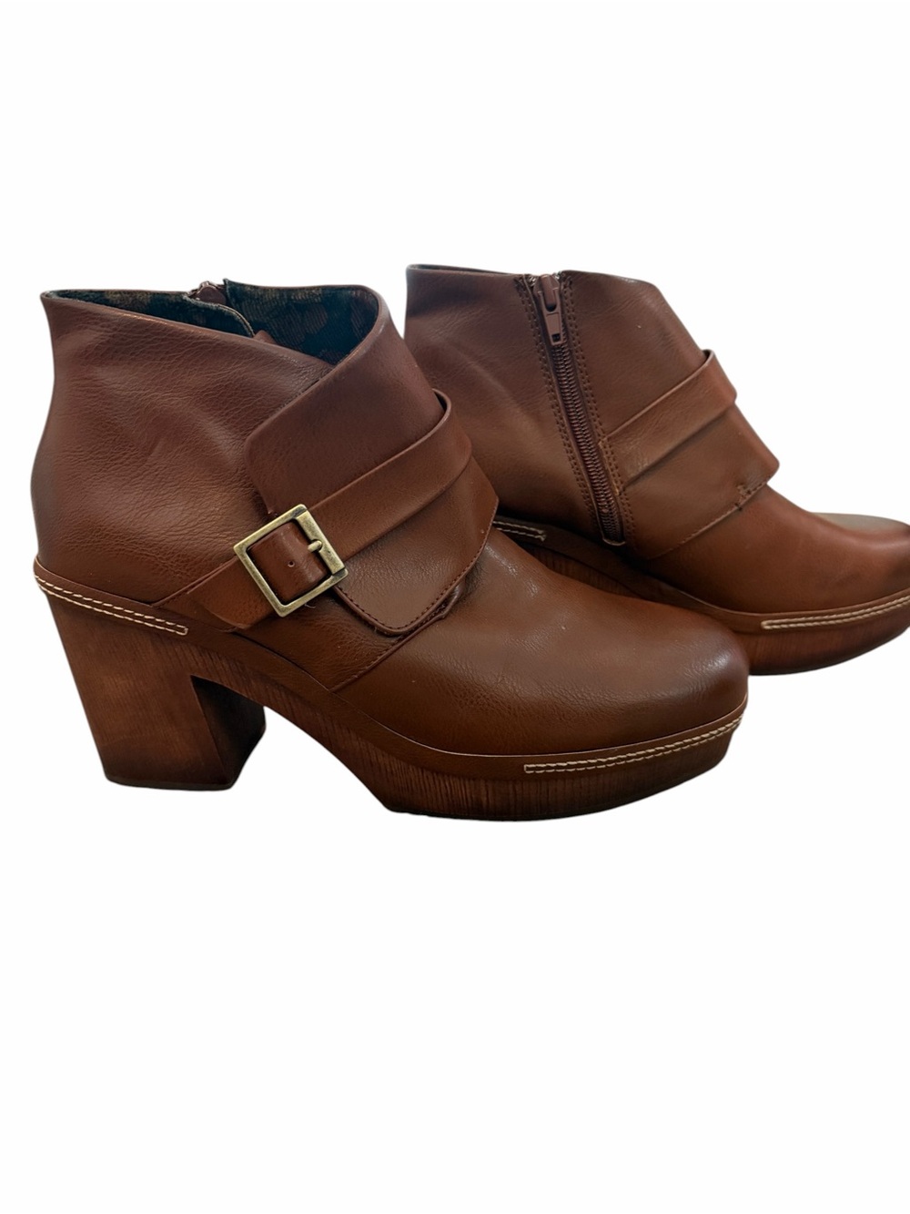 Korks Stacey Brown Ankle Booties Chunky Platform Heel and Strap with Buckle 10